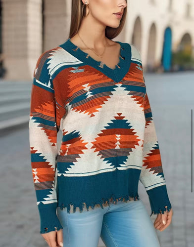 Aztec V-neck Distressed Sweater