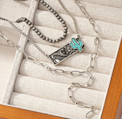 Layered Cactus Bar Charm necklaces