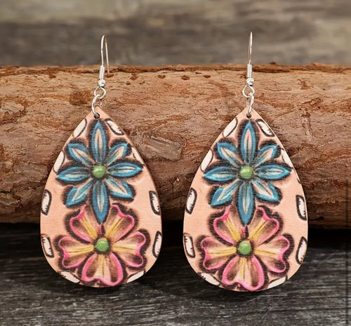 Wood flower Teardrop Earrings