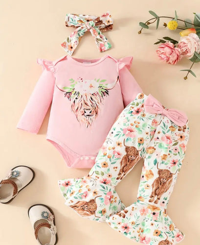 3Pc Floral Highland Cow Outfit