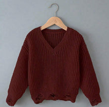 Load image into Gallery viewer, Girls Distressed V-Neck Sweater