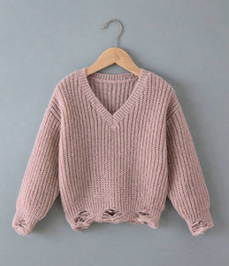 Girls Distressed V-Neck Sweater