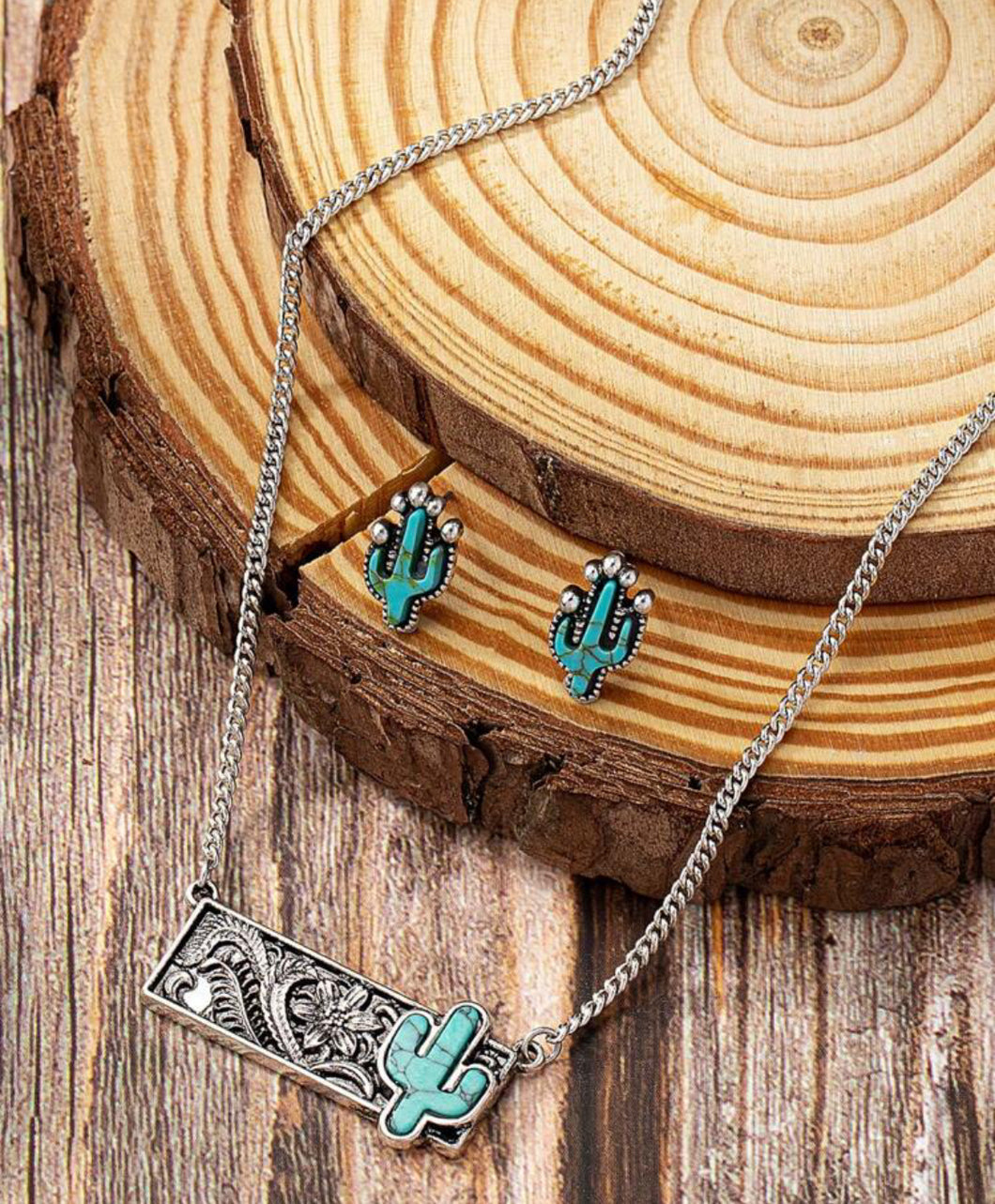 Cactus pendant necklace and earring set