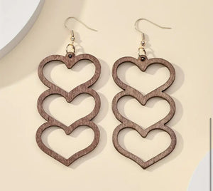 Wooden Stacked Heart Earrings