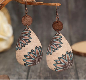Wooden Drop Sunflower Earrings