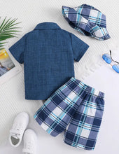 Load image into Gallery viewer, 3 pc. Boys Blue Checkered Short Outfits