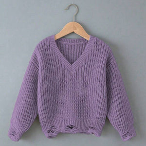 Girls Distressed V-Neck Sweater