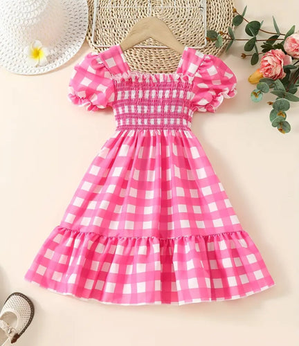 Pink Checkered Puff Sleeve Dress
