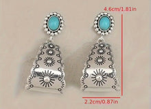 Load image into Gallery viewer, Sun Engraved Turquoise Hoops