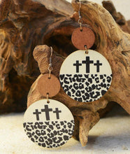 Load image into Gallery viewer, Wooden Leopard Cross Earrings