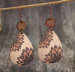 Wooden Drop Sunflower Earrings