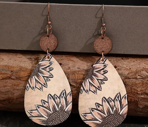 Wooden Drop Sunflower Earrings