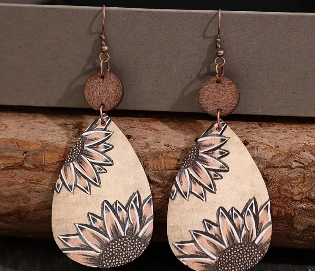 Wooden Drop Sunflower Earrings