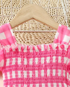 Pink Checkered Puff Sleeve Dress
