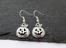 Load image into Gallery viewer, Silver Dangle Pumpkin Earrings