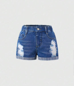 Rolled hem distressed jean shorts