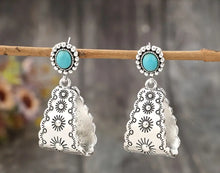 Load image into Gallery viewer, Sun Engraved Turquoise Hoops