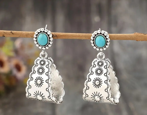 Sun Engraved Turquoise Hoops
