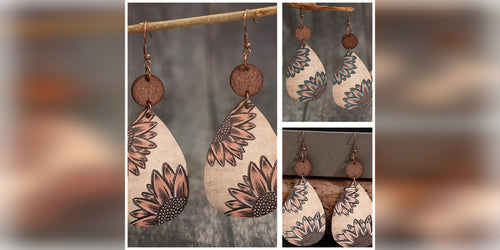 Wooden Drop Sunflower Earrings