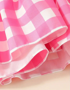 Pink Checkered Puff Sleeve Dress