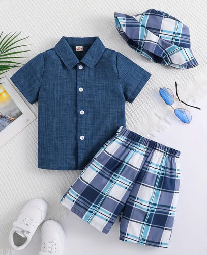 3 pc. Boys Blue Checkered Short Outfits