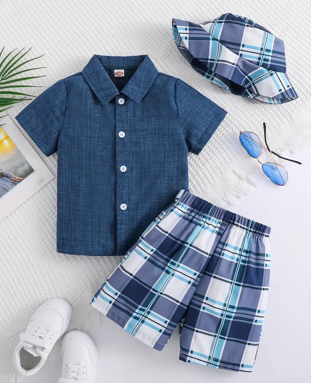 3 pc. Boys Blue Checkered Short Outfits