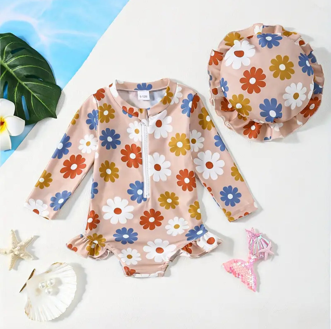 Flower long sleeve one piece/hat