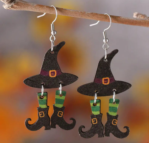 Wooden Halloween Witch Earrings
