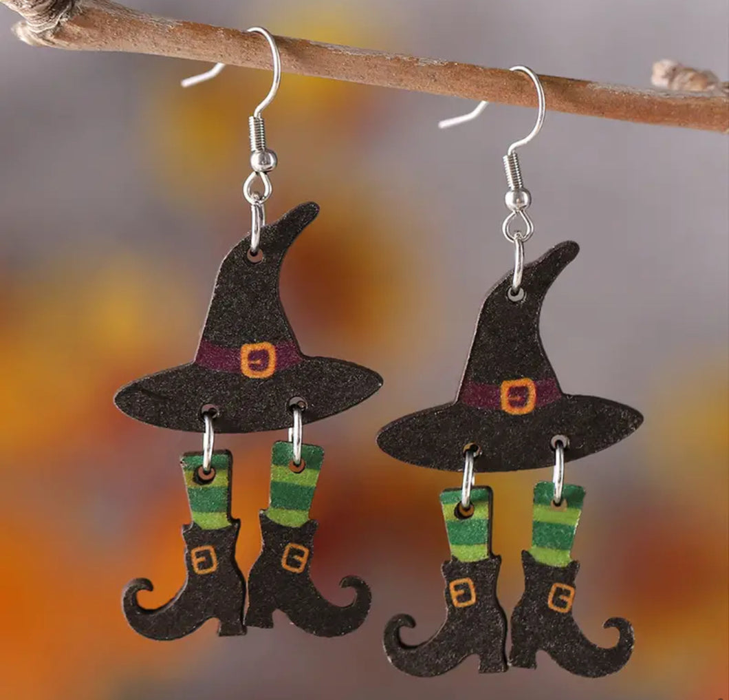 Wooden Halloween Witch Earrings