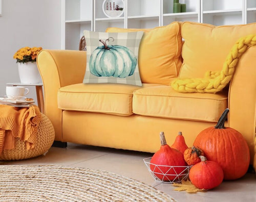 Checkered Blue pumpkin Pillow Case