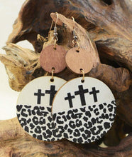 Load image into Gallery viewer, Wooden Leopard Cross Earrings