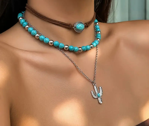 3 Pc Cactus/Turquoise Necklace Set