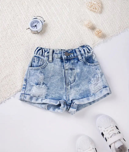 Rolled hem distressed jean shorts