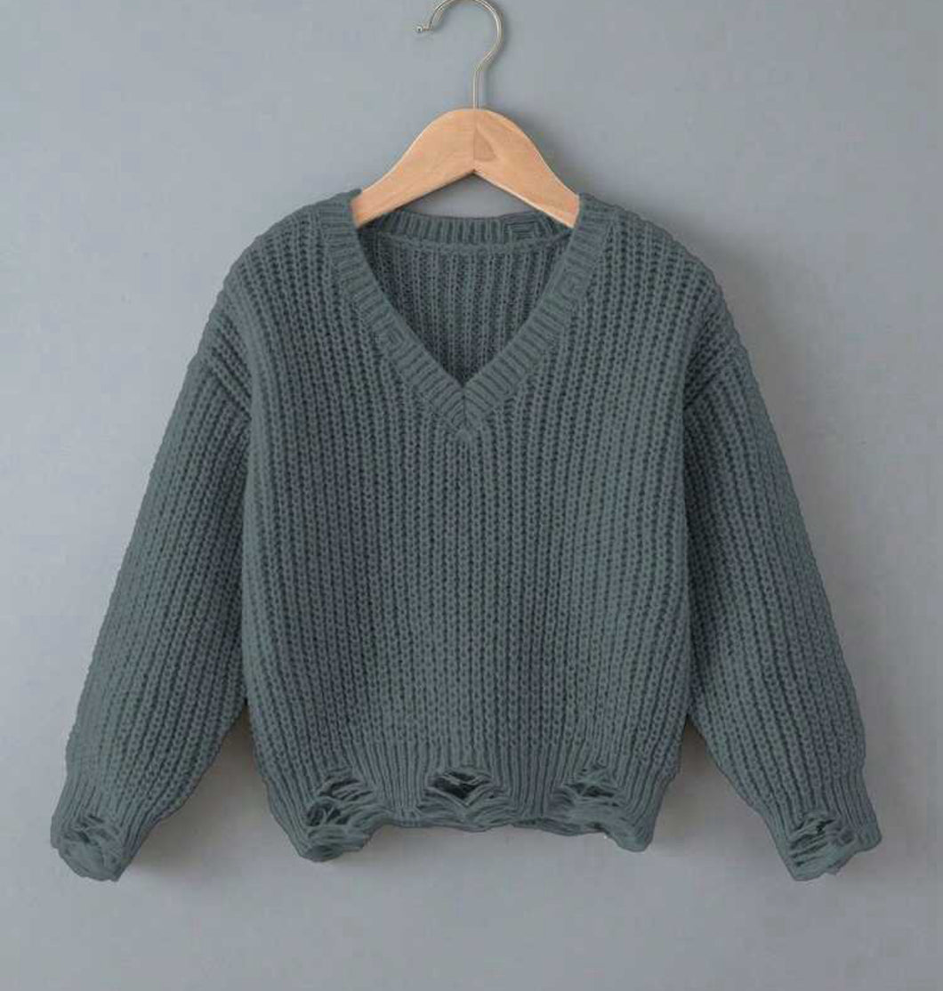 Girls Distressed V-Neck Sweater