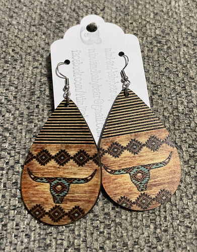 Steerhead wooden teardrop earrings