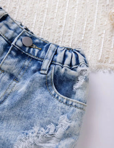 Rolled hem distressed jean shorts