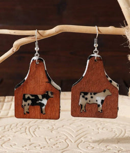 Wooden cutout cattle tag earrings