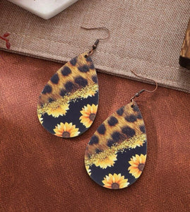 Wood Waterdrop sunflower cow earrings