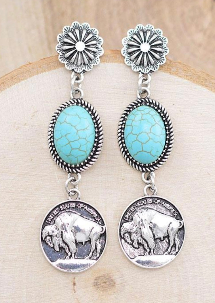 Concho Buffalo coin drop earrings