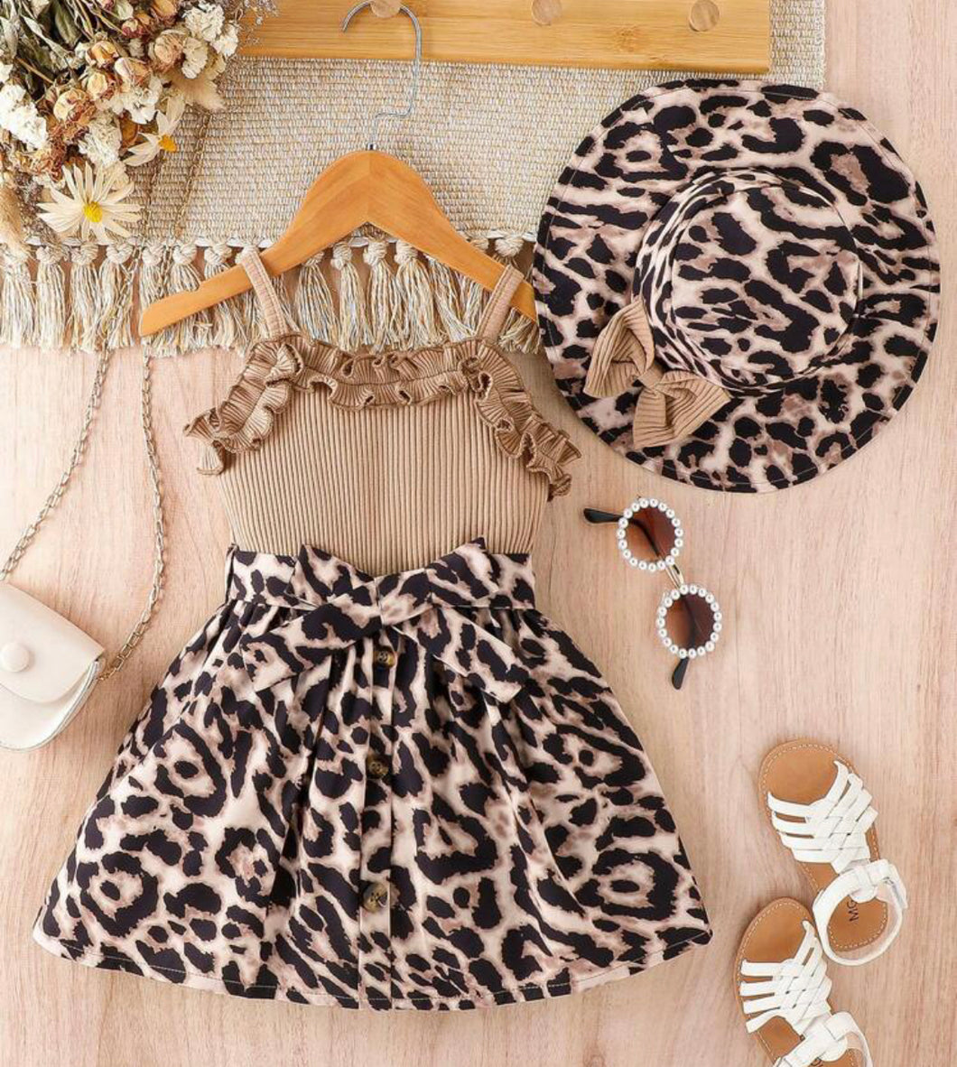 Leopard frill trim dress and hat