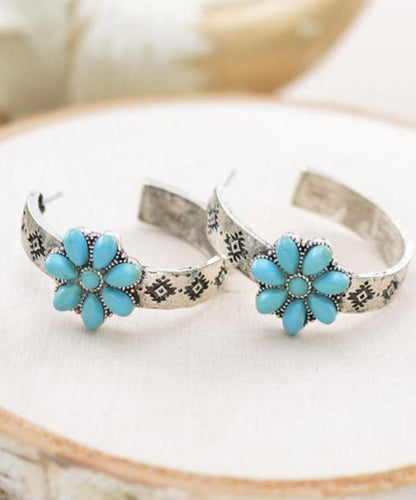 Stamped hoops with turquoise cluster