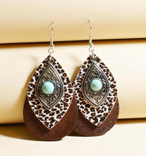 Load image into Gallery viewer, Waterdrop wooden leopard/turquoise earrings