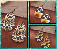 Load image into Gallery viewer, Wood Waterdrop sunflower cow earrings