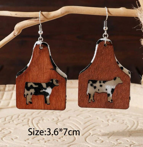 Wooden cutout cattle tag earrings