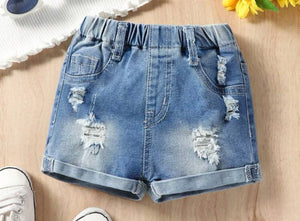 Rolled up hem ripped jean shorts