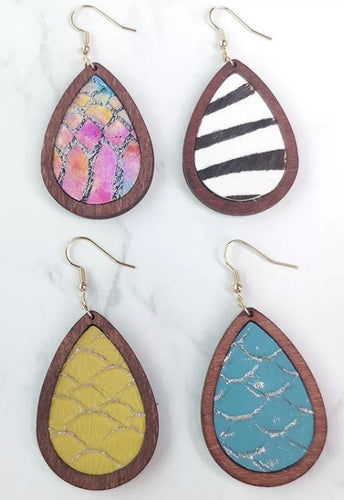 Teardrop snakeskin wooden earrings