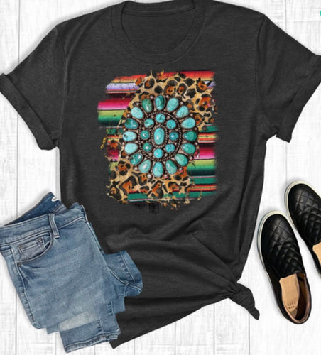 Serape leopard turquoise graphic tee