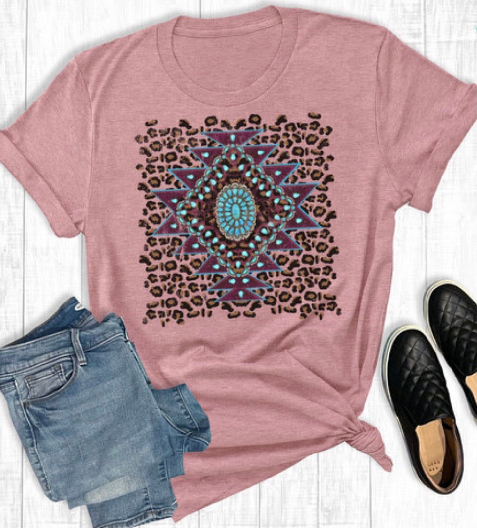 Aztec leopard turquoise graphic tee