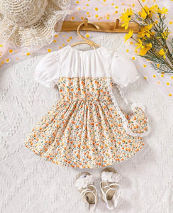 Puff sleeve top flower dress and purse