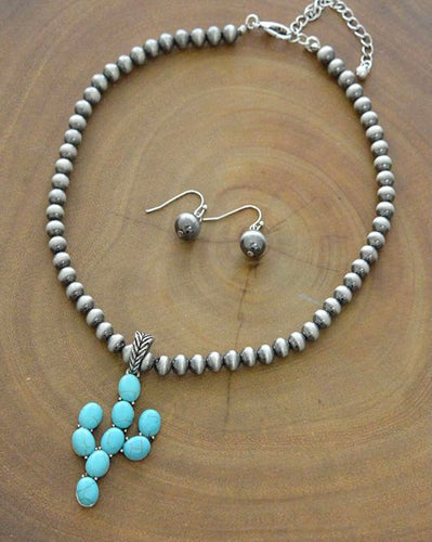 Turquoise cactus Navajo pearl necklace/earrings